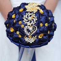 Wholesale Wedding Flowers DIY Gold Rhinestones Brooch Bouquets Artificial Blue Ribbons Roses Bridal Holding Bride Corsage Bouquet