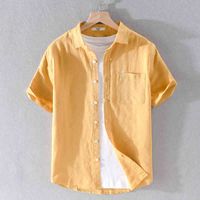 Wholesale Men s T Shirts Stand Collar Linen and Cotton Summer for Yellow Brand Shirts Men Solid Fashion Shirt Mens Casual Tops Overhemd Camisa PIVI
