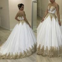Wholesale 2021 Luxury Bling Dubai White A Line Wedding Dresses Bridal Formal Gowns Sheer Long Sleeves Off Shoulder Bateau Neck Appliqued Sparkly Glitter Gold Sequins Lace