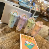 Wholesale Starbucks oz ml Cute Cartoon Rainbow Plastic Tumbler Reusable Drinking Flat Bottom Cold Water Cup Pillar Shape Lid Straw Mug Coffee Mugs
