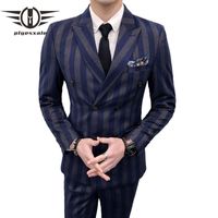 Wholesale Men Double Breasted Suit Pieces Striped Suits Slim Fit Navy Blue Burgundy Wedding Costume Homme Luxe Party Prom Wear Q99 Men s Blazers