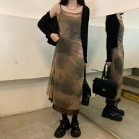 Wholesale Casual Dresses Tie dye Gauze Suspender Dress Women s Spring And Autumn Korean Retro Chic Mid length black Knitted Cardigan Two piece