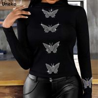 Wholesale Plus Size Butterfly Turtleneck Long Sleeve Bodycon T shirt for Lady Sexy Rhinestone Tee Tops XL Sequins Clubwear Y2K Clothes Y0629