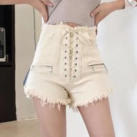 Wholesale Women s Jeans Korean Ladies Sexy Lace Up Slim Elegant High Waist Zipper Pocket Tracksuit Jogger Short Denim Pant Summer Plus Size