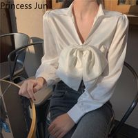 Wholesale Spring New Women Blouse Fashion Korean Style Bowtie V Neck White Shirts Chic Elegant Fashion Causual Womens Tops and Blouses Y0505