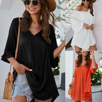 Wholesale Women T Shirts Plus Size Women Short Sleeve Tunic Top Pullover Ladies Pocket Jumper Solid Loose V Neck Summer Basic Daily