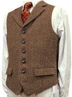 Wholesale Men s Vests Wool Tweed Slim Fit Leisure Cotton Suit Burgundy Vest Gentleman Herringbone Business Brown Waistcoat For Wedding Groom
