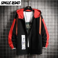 Wholesale Men s Jackets SingleRoad Mens Hooded Cargo Jacket Men Side Striped Windbreaker Coat Korean Style Hip Hop Streetwear Black For