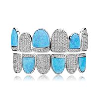Discount diamond grillz Hip Hop Teeth Grills Real Gold Plated Cubic Zircon Brass Sky Blue Opal Gem Tooth Grillzs