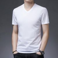 Wholesale Men s T Shirts Summer Outfit Mulberry Silk Short sleeved T shirt White Trend V neck Solid Color Loose Bottoming Shirt