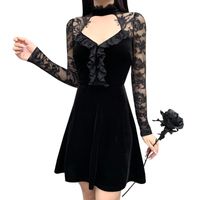 Wholesale Casual Dresses Women Clothing Long Sleeved Dress With Stitching Lace Hollow Chest Sexy Flower Pattern Autumn Spring