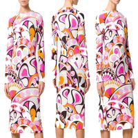 Wholesale Casual Dresses Spring Fashion Designer Dress Women s Long Sleeves Pink Geometry Print XXL Stretch Jersey Slim Silk Day