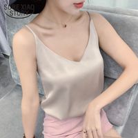 Wholesale Korean Silk V neck Tank Woman Sleeveless Black Tees Cami Sexy Halter Top Plus Size Elegant Women White Satin Tops