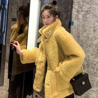 Wholesale Yellow Synthetic Korean Mink White Faux Fuax Fur Crop Top Coat Knitted Pink Furry Jacket Women Fashion Loose Fluffy Warm Coat H1103