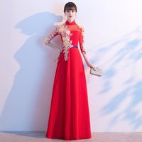 Wholesale Ethnic Clothing Red Lace Perspective Chinese Qipao Embroidery Flower Sexy Cheongsam Lady Pleated Stage Performance Dress Gown Celebrity Vest