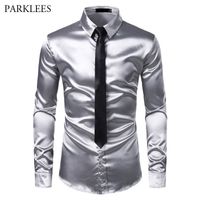 Wholesale 2pcs Silver Silk Shirt Tie Mens Satin Smooth Tuxedo Shirts Casual Button Down Men Dress Shirts Wedding Party Prom Chemise Homme