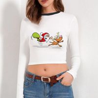 Wholesale Women s T Shirt Casual Outwear Crew Neck Women Crop Top Autumn Christmas Printing Polyester Club Long Sleeve Tight Daily Shopping Short Sexy