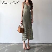 Wholesale Summer Style Crochet Hollow Out Knitting Women Sexy V neck Spaghetti Strap Female Pullovers Slim Waist Knitted Dress