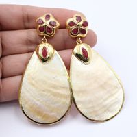 Wholesale GuaiGuai Jewelry Natural Water Drop Yellow Shell Gold Color Plated Red Jade Flower Stud Earrings Handmade For Women