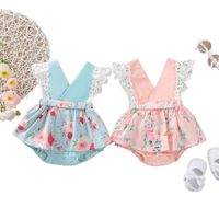 Wholesale Rompers Summer Infant Baby Girl Bodysuit Sweet Style Floral Printing Lace Sleeve Splicing Skirt Jumpsuit M