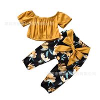 Wholesale 4T Toddler Baby Girls Clothes Off Shoulder Pullover Short Sleeve Tops Bow Floral Pants Kids Outfits For Girls Clothing U2