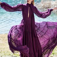 Wholesale S XL Quality New Purple Thick Chiffon Fabric High Neck Sexy Lace Long Sleeve Woman Dress
