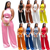 Wholesale Designer Summer Tracksuits Womens Two Piece Set Loose Wide Leg Pants Outfits Solid Color Casual Clothing Sexy Halter Neck Tops Suit Plus Size