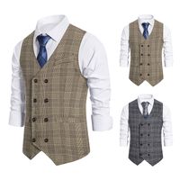 Wholesale 2021 Men s Polyester Plaid Khaki Gray Groom Vests Groomsmen Attire Tweed Business Suit Jacket Formal Groom s Wear Vest Men Wedding Tuxedo Waistcoat Casual Slim Cloth