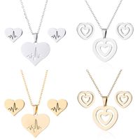 Wholesale Chains Simple Heartbeat Electrocardiogram Earrings Necklace Set Stainless Steel Sweet Double Heart Fashion Woman Gift Jewelry Findings