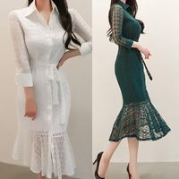 Wholesale Casual Dresses Women s Wear Spring And Autumn Slim Lady Temperament Shirt Lace Long Sleeve Fish Tail Big Swing Button Dress