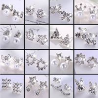 Wholesale 50pcs Pearl Diamond Silver Color Heart Love Earrings Back Ear Studs For Women Fashion Jewelry Mix Style