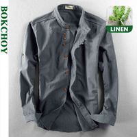 Wholesale Men s T Shirts Linen Cotton Chinese Style Long Sleeve for Men Mandarin Collar Button TCZ