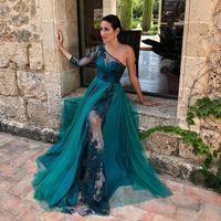 Wholesale Emerald Green One Shoulder Evening Dresses Sexy See Through Lace Appliques Formal Occasion Dresses Long Party Gala Gowns