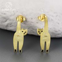 Wholesale Lotus Fun K Gold Unusual Long Naughty Kitten Cat Stud Earrings for Women Gift Real Sterling Silver Original Modern Jewelry