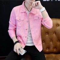 Wholesale Youth Autumn Pink red army black Men s Denim Jacket Student Couple Teenagers Boys Ripped Hole Coat Jackets