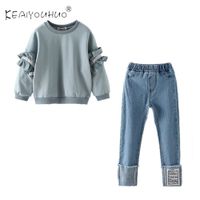 Wholesale Winter Green Baby Girls Clothes Lace Long Sleeves Shirt Jeans Pieces Fashion Children Set For Years Old