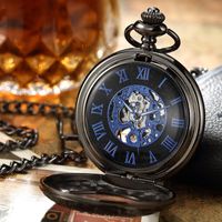 Wholesale Magnifying Glass Blue Mechanical Pocket Watch Retro Flip Hollow Necklace Men s And Ladies Watches Automatic Wristwatches