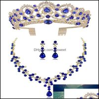 Wholesale Earrings Necklace Jewelry Sets Diezi Red Green Blue Crown And Earring Set Tiara Rhinestone Wedding Bridal Aessories Factory Price Expert D