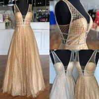 Wholesale Party Dresses Gold Sequins Prom k19 Long A Line V Neck Silver Vestidos De Fiesta Largos Elegantes Gala Sparkling Pageant Gowns
