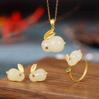 Wholesale Yuexin S925 Sier Necklace Gold Plated Hetian jade pendant lovely temperament jade rabbit children s Earrings Bracelet Ring Set