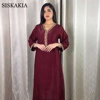 Wholesale Siskakia Jalabiya Long Sleeve Maxi Dress for Women Fall New Dubai Abaya Fashion Diamond Ribbon V Neck Muslim Arabic Robe Y0706