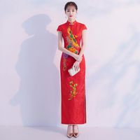 Wholesale Casual Red Womens Long Cheongsam Chinese Style Qipao Dress Spring Summer Slim Party Dresses Lady Button Vestido Size S XL Ethnic Clothing L7D4