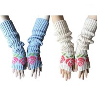 Wholesale Five Fingers Gloves Knitted UV Protection Half Finger Women Arm Warmers Rose Pattern Warm Mittens With Long Sleeves