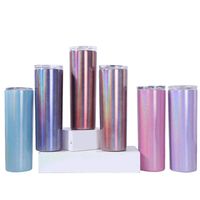 Wholesale 20oz Blank Sublimation Skinny Tumbler Mug With Straw Stainless Steel Glitter Wine Mugs Rainbow Insulated Coffee Beer Cups HH21