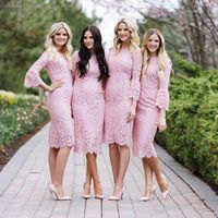Wholesale Blush Pink Full Lace Tea Length Plus Size Sheath Bridesmaid Dresses Jewel Long sleeve poet Zipper Empire tulle custom made
