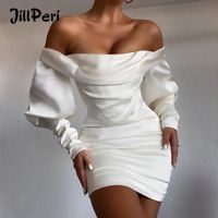 Wholesale Casual Dresses JillPeri Off Shoulder Puff Long Sleeve Satin Corset Bodycon Dress Winter Fall Celebrity Sexy Outfits Birthday Party