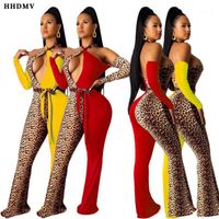 Wholesale Women s Jumpsuits Rompers HHDMV DAN8192 Sexy Tribal Peoples Style Long Sleeve Cross Hanging Neck Leopard Grain Tight Pants