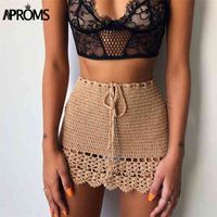 Wholesale Aproms Elegant Handmade Cotton Crochet Mini Skirts Women Summer High Waist Bow Tie Skirt Ladies Beach Bikini Bottoms Saias