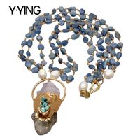 Wholesale Y YING Natural White Rice Pearl Blue Kyanites Chain statement Necklace Quartzs Amethysts Rough Pendant