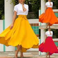 Wholesale Women s Solid Color High Waist A Line Skirt Fashion Slim Bow Belt Pleated Long Maxi Skirts Red Orange Yellow